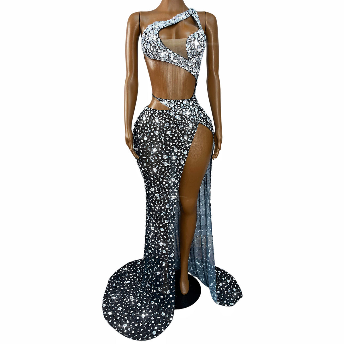 Diamond-studded Backless Strap Slit Dress