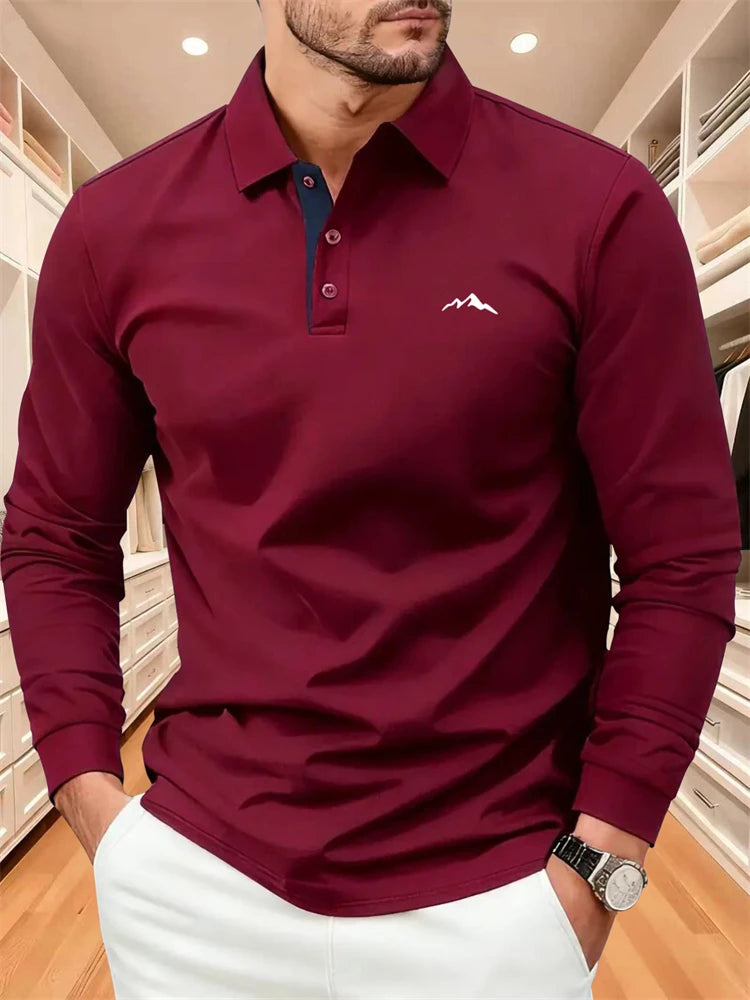Men's Autumn Collared Polo Shirt Solid-Color Long-Sleeve Polo with Minimalist Chest Print Suitable for B… - product view 15