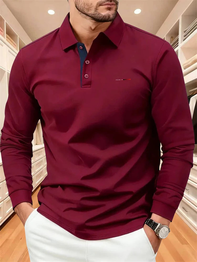 Men's Autumn Collared Polo Shirt Solid-Color Long-Sleeve Polo with Minimalist Chest Print Suitable for B… - product view 11
