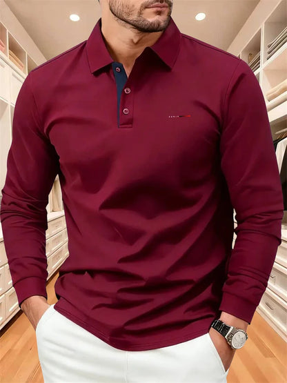 Men's Autumn Collared Polo Shirt Solid-Color Long-Sleeve Polo with Minimalist Chest Print Suitable for B… - product view 11