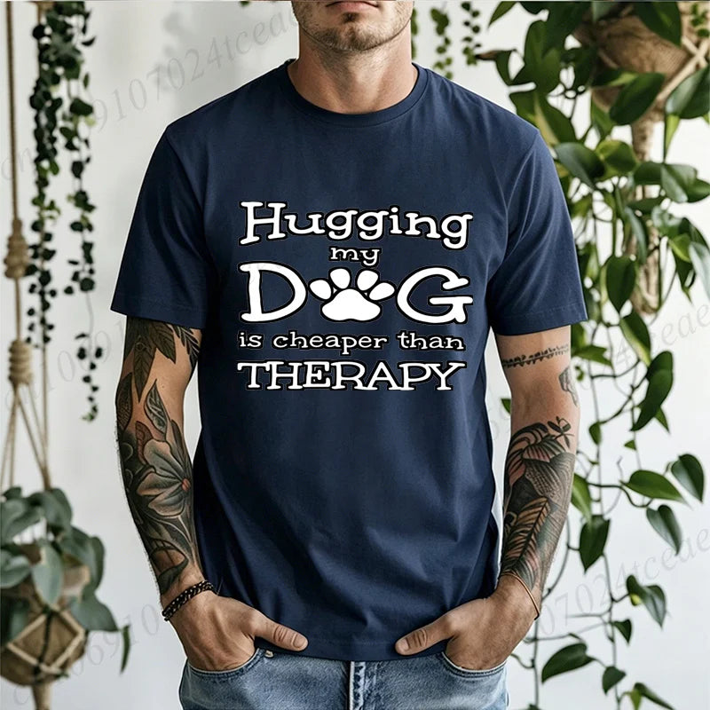 Men Hugging My Dog Is Cheaper Than Therapy Graphic T Shirt Dog Paw Print Short Sleeve Casual Pet Lover T… - product view 12