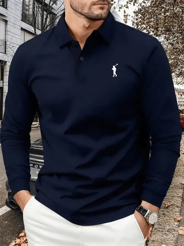 Men's Autumn Collared Polo Shirt Solid-Color Long-Sleeve Polo with Minimalist Chest Print Suitable for B… - product view 8