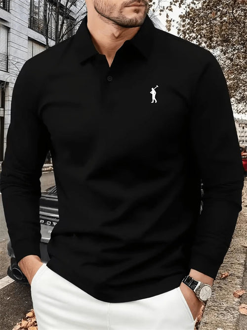 Men's Autumn Collared Polo Shirt Solid-Color Long-Sleeve Polo with Minimalist Chest Print Suitable for B…