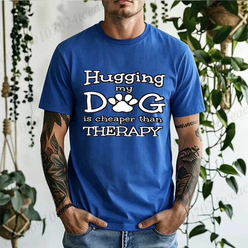 Men Hugging My Dog Is Cheaper Than Therapy Graphic T Shirt Dog Paw Print Short Sleeve Casual Pet Lover T… - product view 11