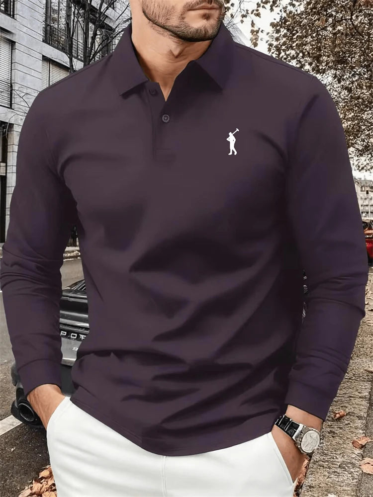 Men's Autumn Collared Polo Shirt Solid-Color Long-Sleeve Polo with Minimalist Chest Print Suitable for B… - product view 2