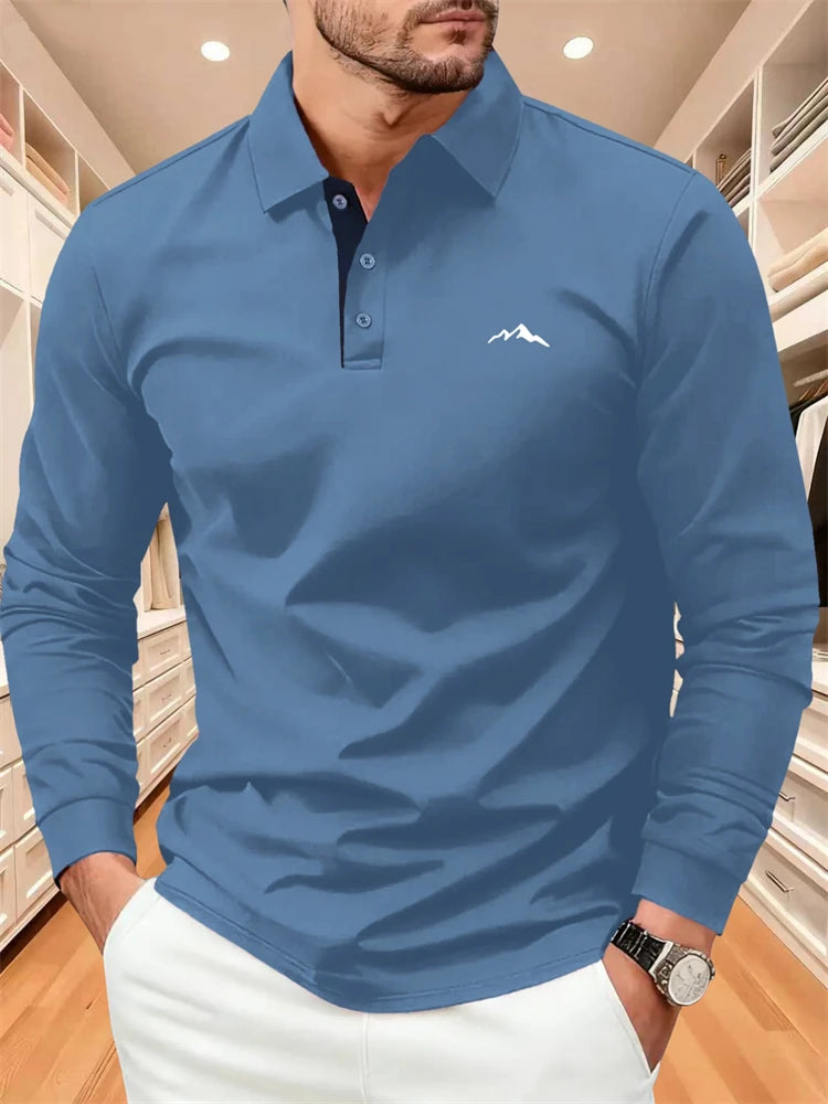 Men's Autumn Collared Polo Shirt Solid-Color Long-Sleeve Polo with Minimalist Chest Print Suitable for B… - product view 14