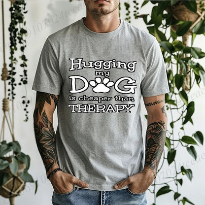 Men Hugging My Dog Is Cheaper Than Therapy Graphic T Shirt Dog Paw Print Short Sleeve Casual Pet Lover T… - product view 2