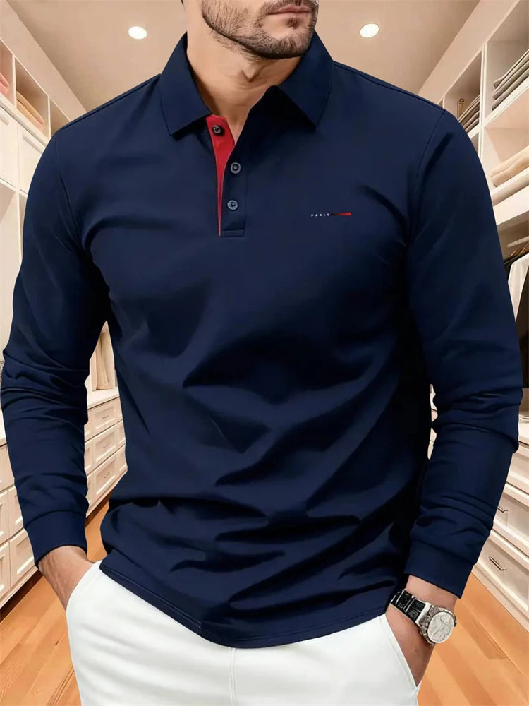 Men's Autumn Collared Polo Shirt Solid-Color Long-Sleeve Polo with Minimalist Chest Print Suitable for B… - product view 10