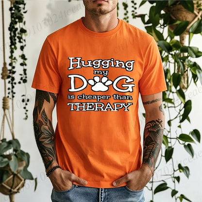 Men Hugging My Dog Is Cheaper Than Therapy Graphic T Shirt Dog Paw Print Short Sleeve Casual Pet Lover T… - product view 4