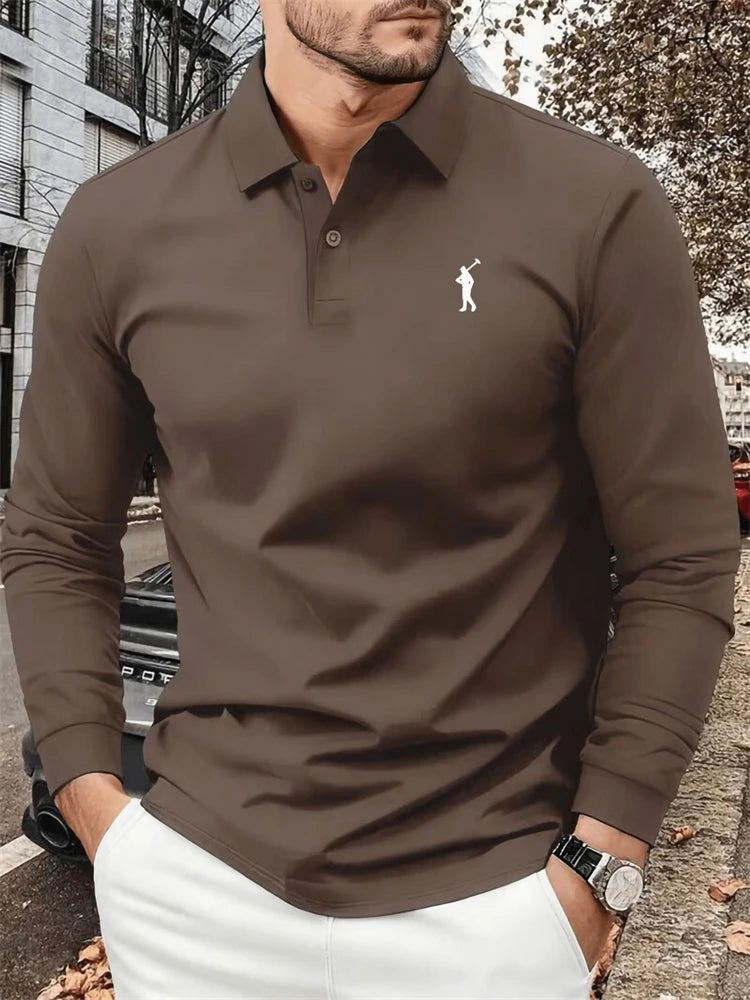 Men's Autumn Collared Polo Shirt Solid-Color Long-Sleeve Polo with Minimalist Chest Print Suitable for B… - product view 3