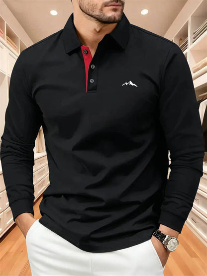 Men's Autumn Collared Polo Shirt Solid-Color Long-Sleeve Polo with Minimalist Chest Print Suitable for B… - product view 13