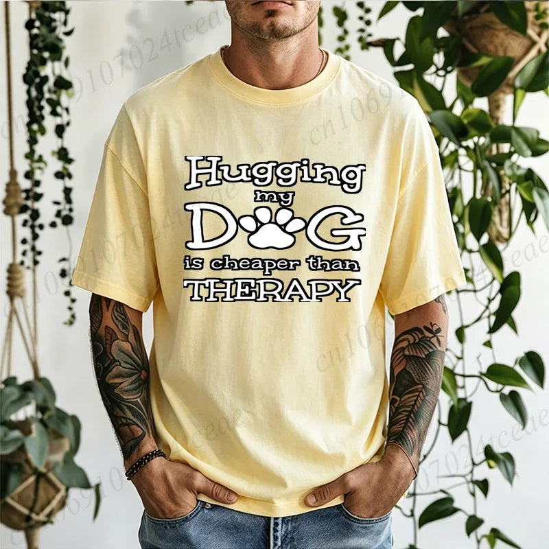 Men Hugging My Dog Is Cheaper Than Therapy Graphic T Shirt Dog Paw Print Short Sleeve Casual Pet Lover T… - product view 8