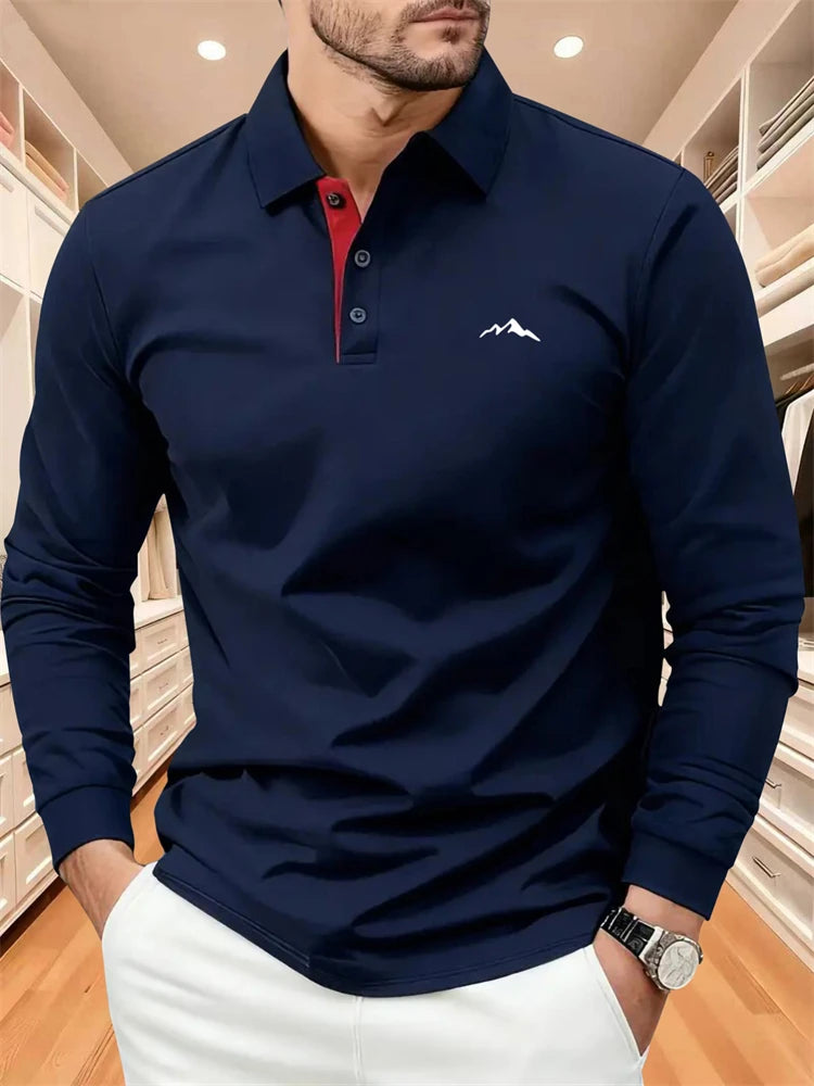 Men's Autumn Collared Polo Shirt Solid-Color Long-Sleeve Polo with Minimalist Chest Print Suitable for B… - product view 9