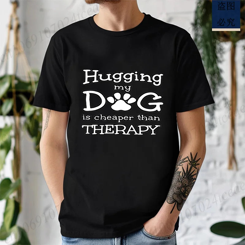 Men Hugging My Dog Is Cheaper Than Therapy Graphic T Shirt Dog Paw Print Short Sleeve Casual Pet Lover T… - product view 5